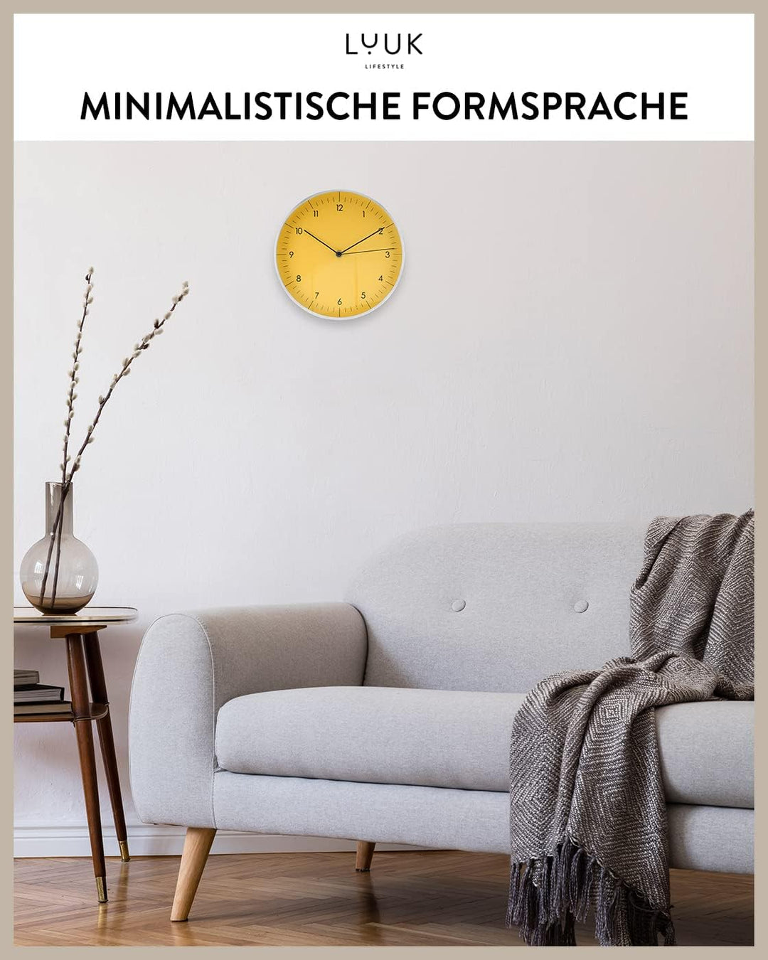 LUUK LIFESTYLE Moderne Quarz Wanduhr, Geräuschlos, 24,8cm, Gelb &amp; Silber | lesbare arabische Ziffern