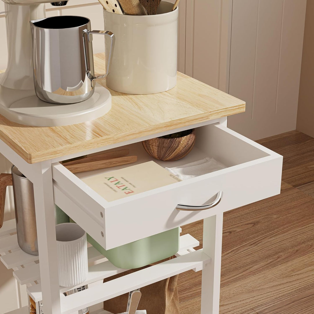 [en.casa] Servierwagen Biel Weiss/Holzfarben 76 x 37 x 37 cm Küchenwagen mit Schublade und 3 Ablagen