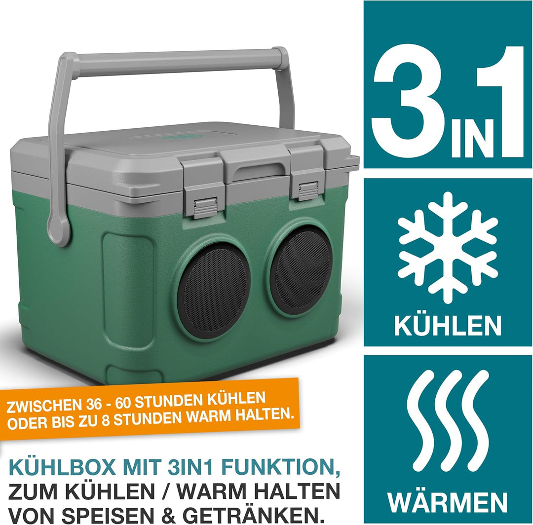 TOM 3in1 Musik Kühlbox 21l zum Kühlen, Warmhalten und Musik hören – mit Bluetooth Lautsprecher – Küh
