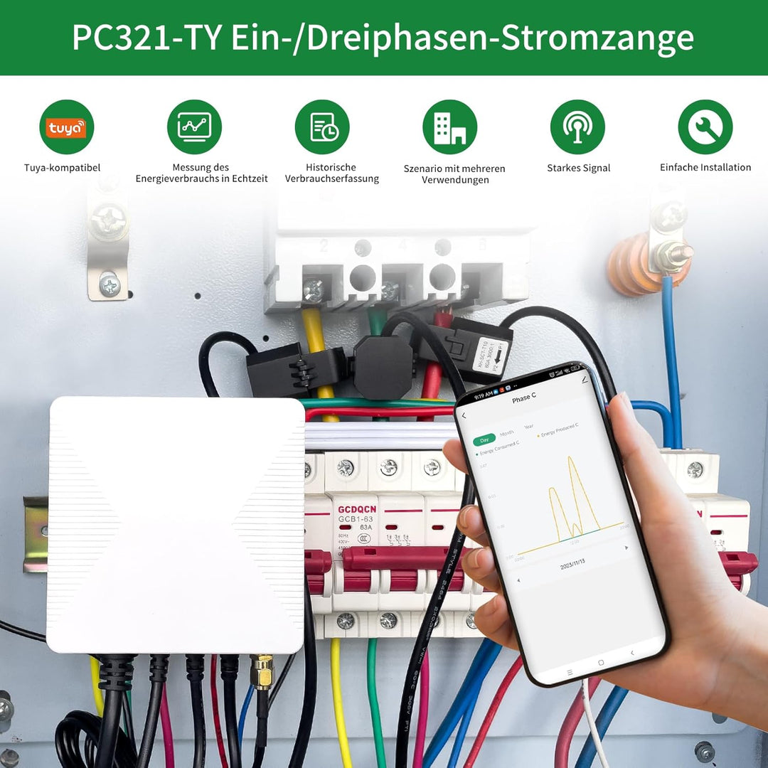 OWON 3-Phasen-WLAN-Smart-Home-Energiemonitor, 3-Phasen-Zangenmessgerät mit 3 80 A Schaltkreisstufen-