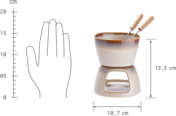BUTLERS Mini Schokofondue Set für 2 Personen - braun beige Keramik mit reaktiver Glasur, 2 Edelstahl