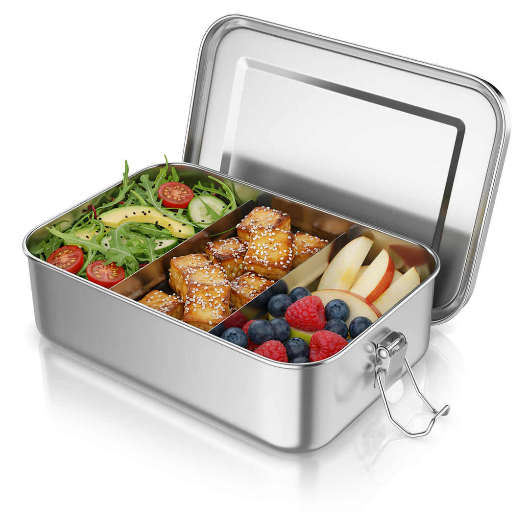 Arendo - Lunchbox Edelstahl – Brotdose 1400 ml – mit Fächern – zwei entnehmbare Trennwände - auslauf