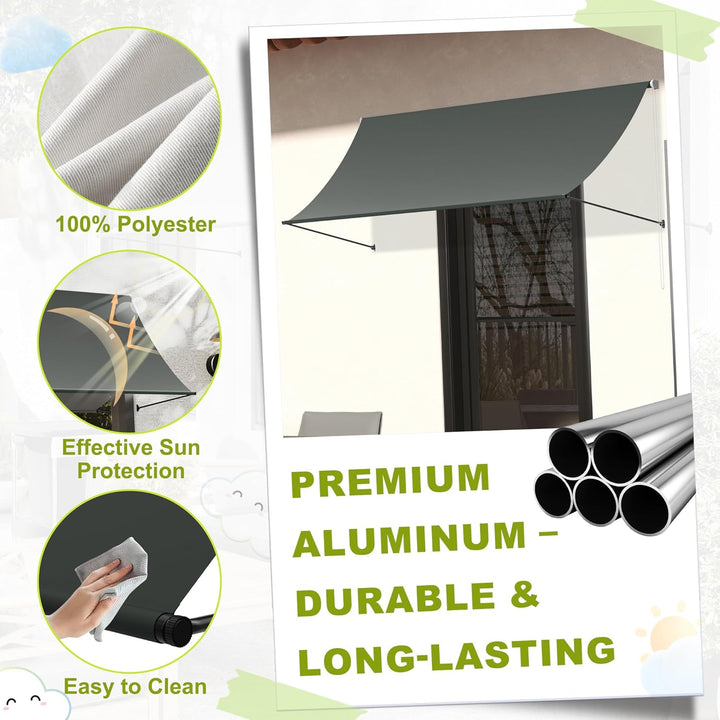 UISEBRT Fallarmmarkise Fenstermarkise einziehbar 235x145 cm, Balkonmarkise mit Kordel und Aluminium