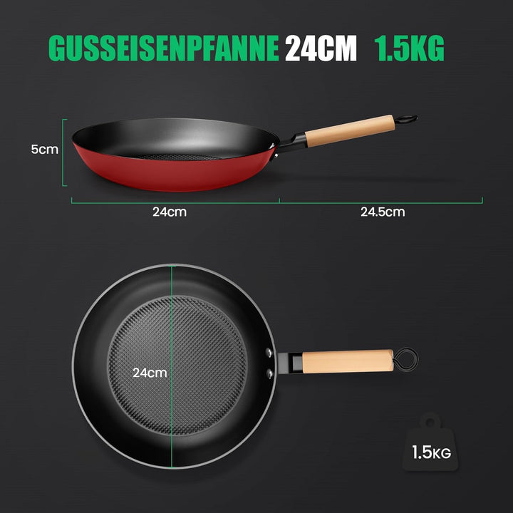 YUTANN Gusseisenpfanne, Nonstick Frying Pan, Pfannen 24cm mit Abnehmbarer Holzgriff, PFOA-Frei, Besc