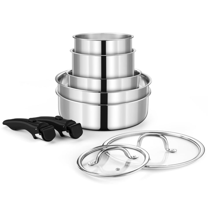 Joyfair Topfset, 9-Teilig Edelstahl Pfannenset mit Abnehmbarer Griff, Stapelbar Induktion Topfsets m