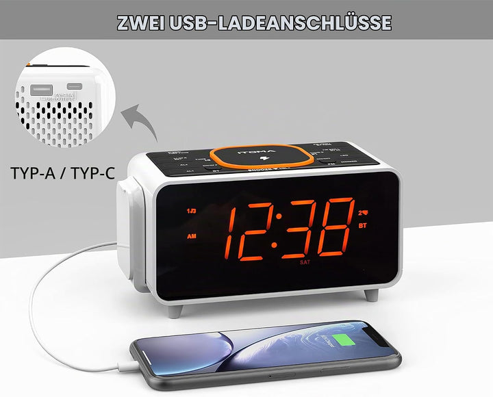 Digitaler Radiowecker mit Kabelloser Ladestation, 15W Fast Wireless Charger for iPhone/Samsung Galax
