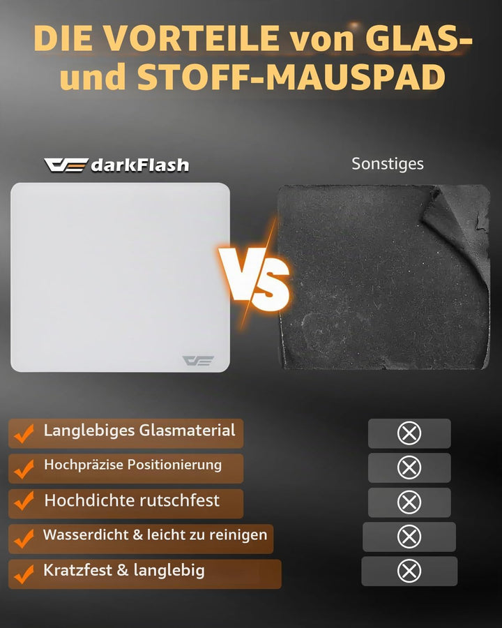 darkFlash Glas-Mauspad 11,8×10,2 Zoll, Ultra-Glatte, gehärtete Oberfläche, präzise Abtastung, rutsch
