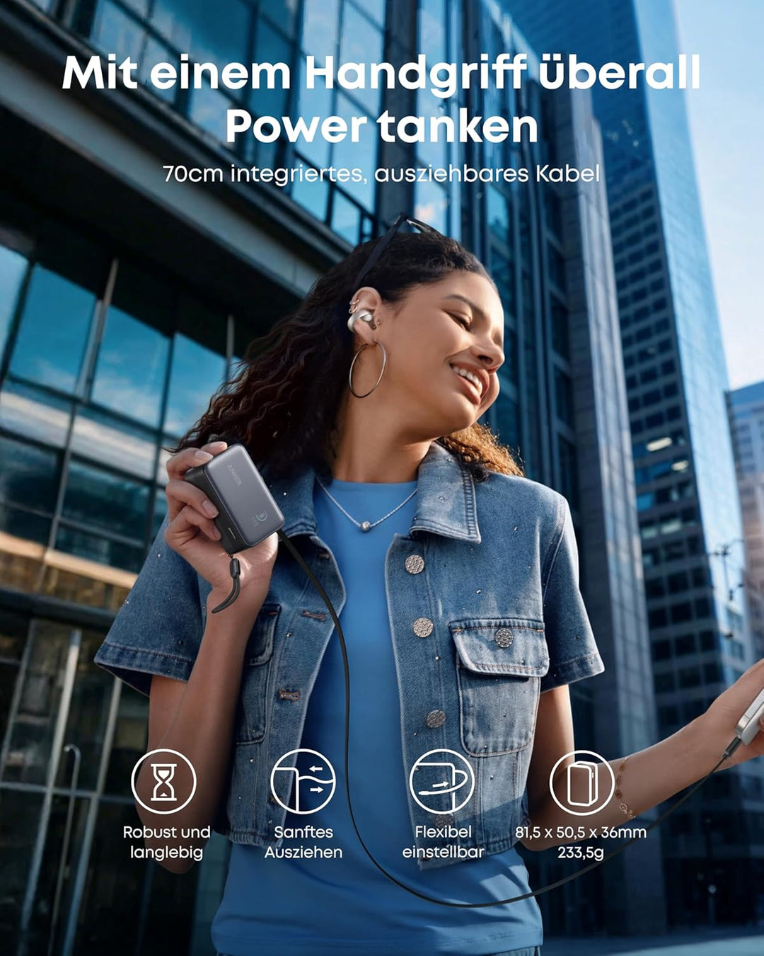 Anker Nano Powerbank,10.000mAh Externer Akku mit 70cm Anker InstaCord Einzugskabel, 45W Max Kompakte