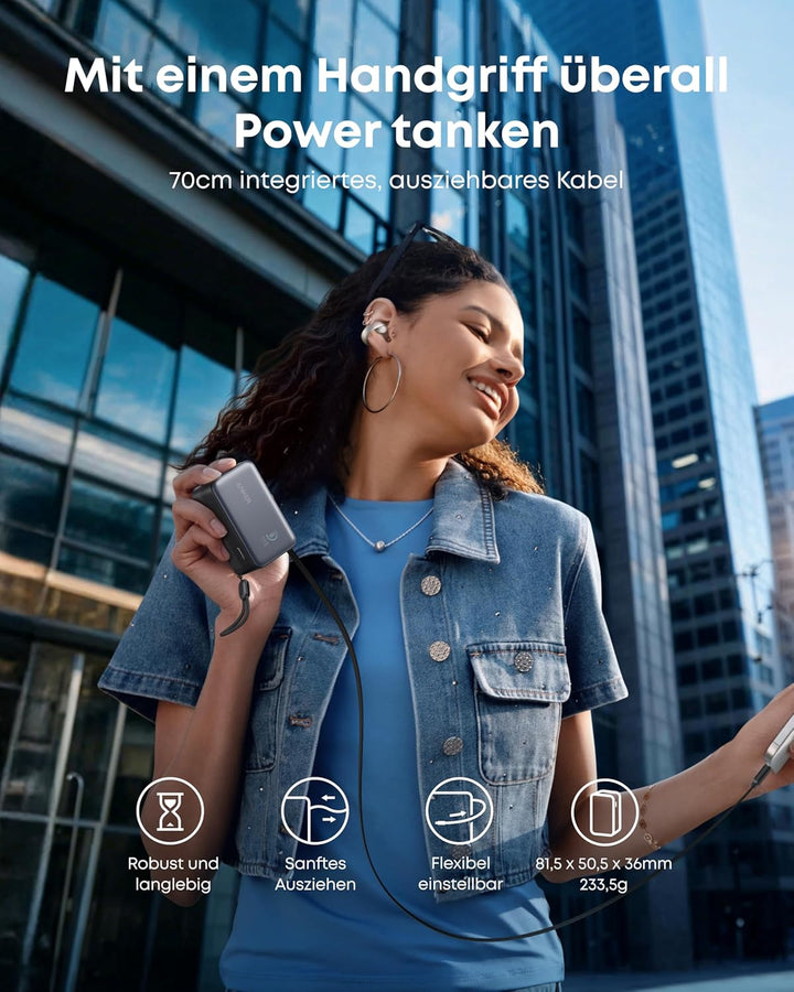 Anker Nano Powerbank,10.000mAh Externer Akku mit 70cm Anker InstaCord Einzugskabel, 45W Max Kompakte