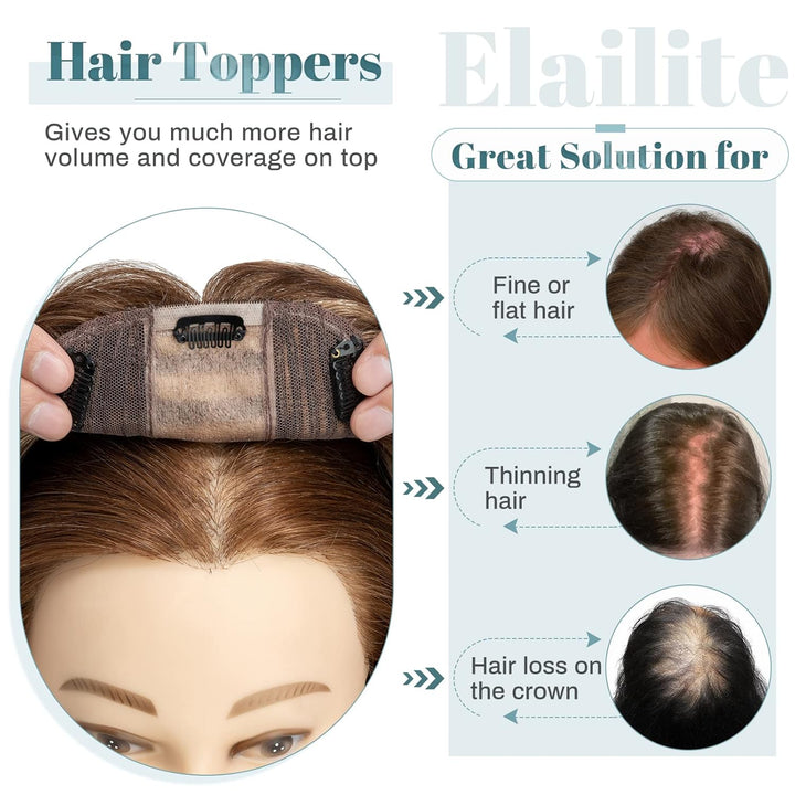 Elailite Echthaar Topper, Clip in Toupet, Frauen Seide Basis Clip in Haarteil, 130% Dichte Remy Silk