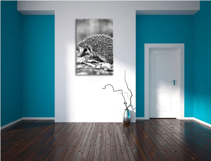 Monocrome, Igel im Laub , Format: 100x70 auf Leinwand, XXL riesige Bilder fertig gerahmt mit Keilrah
