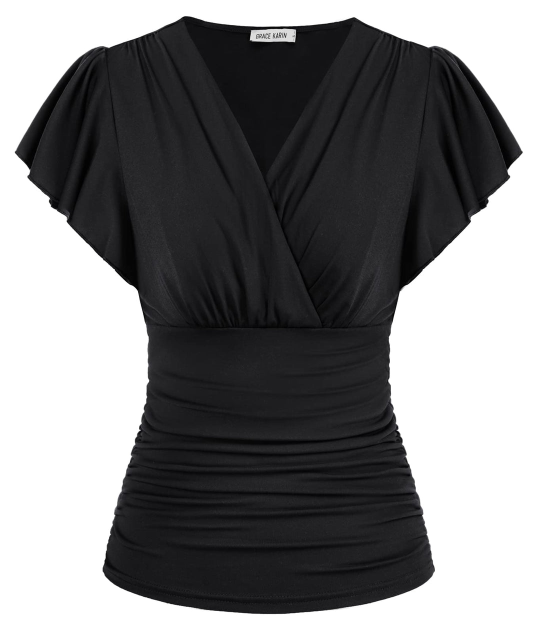 GRACE KARIN Damen Rüschen Bluse V-Ausschnitt Kurzarm Oberteile Elegant Plissee-Top Slim Fit Wickelbl