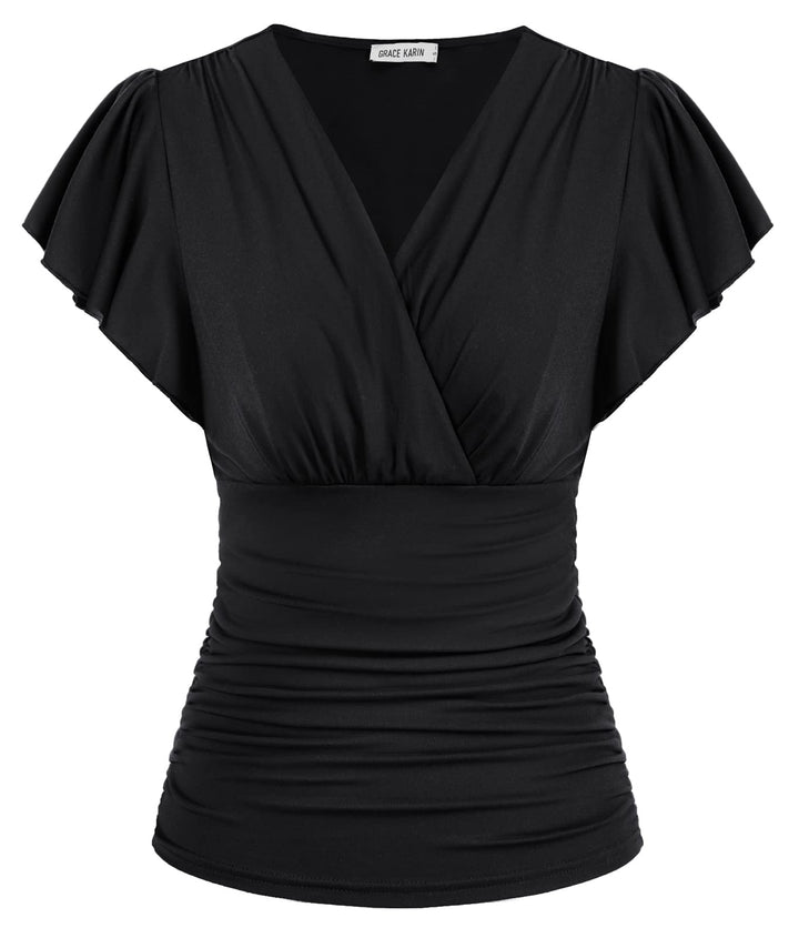 GRACE KARIN Damen Rüschen Bluse V-Ausschnitt Kurzarm Oberteile Elegant Plissee-Top Slim Fit Wickelbl