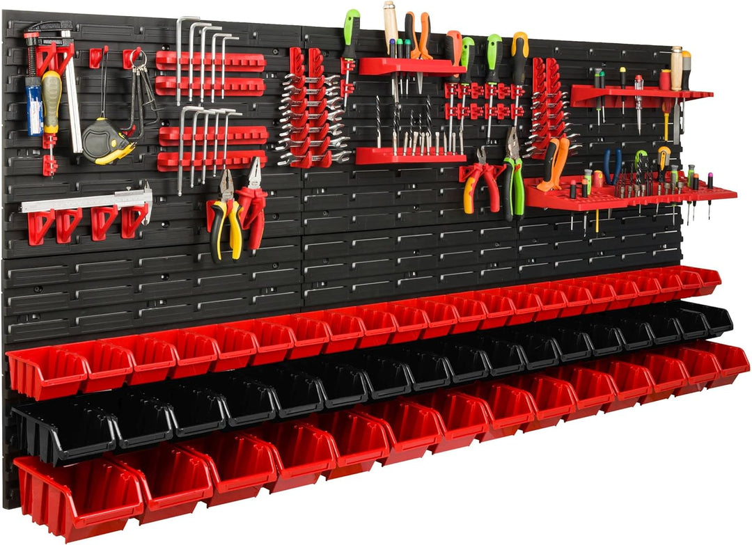 Lagersystem Werkstattregal | 172 x 78 cm | 53 stck. Box | Wandregal mit Werkzeughalterungen und Stap