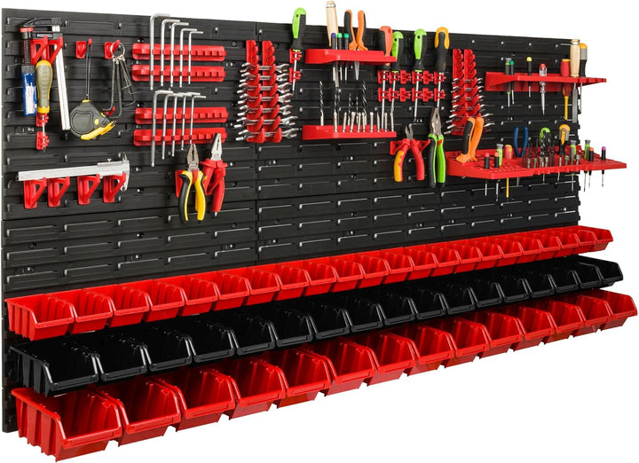 Lagersystem Werkstattregal | 172 x 78 cm | 53 stck. Box | Wandregal mit Werkzeughalterungen und Stap