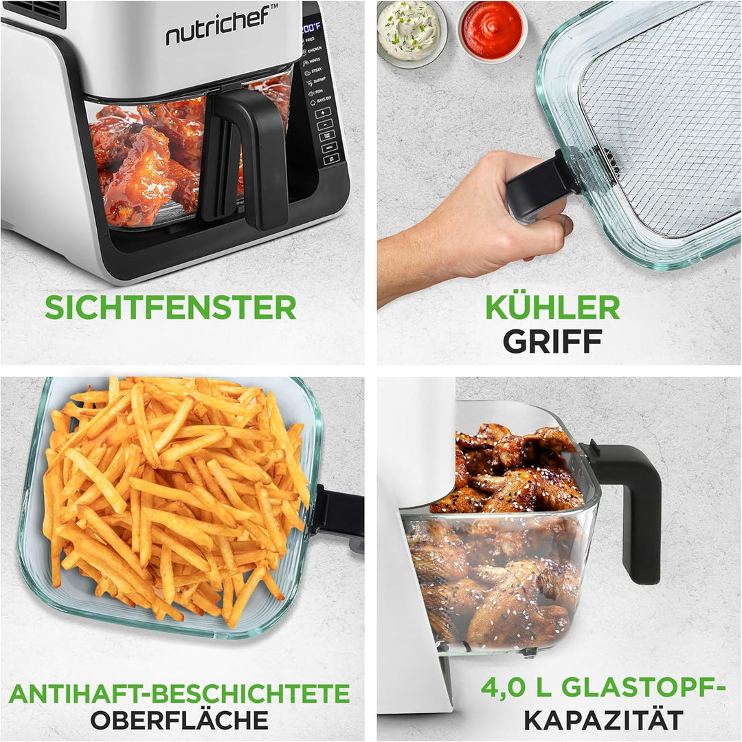 NutriChef 4L Airfryer & Elektrogrill – 7-in-1 Glas Heissluftfritteuse + 1.2L Grill Frittieren, Grill