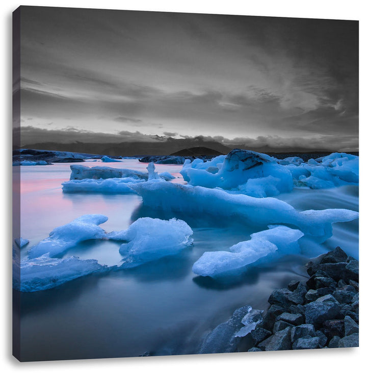 Pixxprint Extreme Eislandschaft Schwarz/Weiss, Format: 70x70 auf Leinwand, 70x70