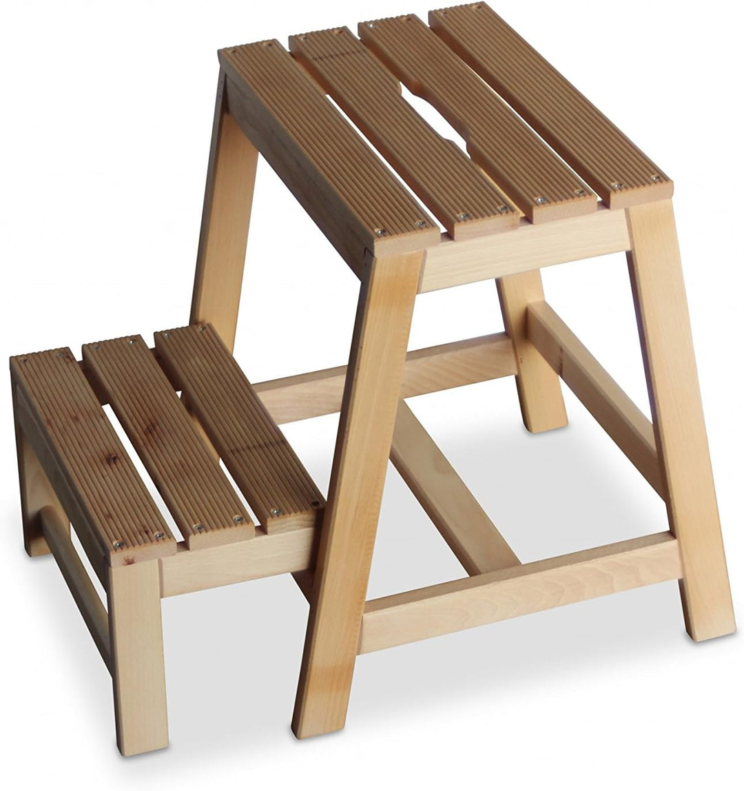 GartenDepot24 Stabiler Tritt Hocker aus Buchenholz mit 2 Stufen, klappbar, Natur, B38 x T54 x H45 cm