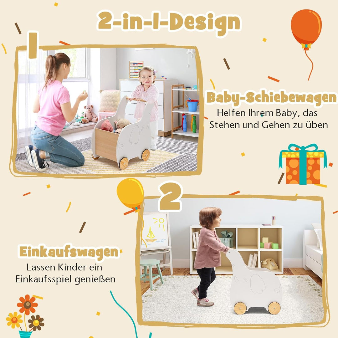 GOPLUS Kinder Lauflernwagen mit Spielzeugkiste, Baby Elefant Lauflernhilfe aus Holz mit rutschfesten