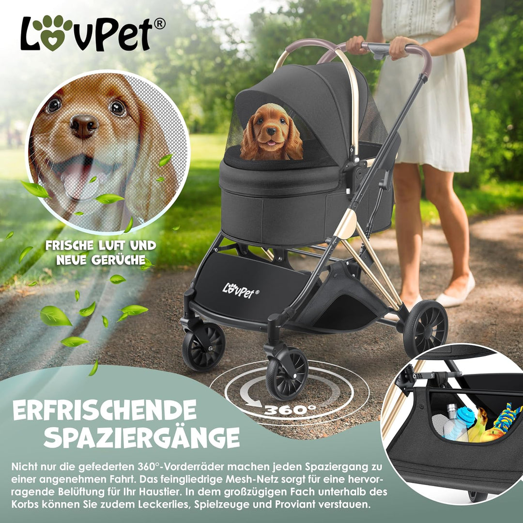 LOVPET® Hundewagen 3in1 Hundebuggy Hundebox Transporttasche 360° Grosse Räder Faltbar klappbar Haust