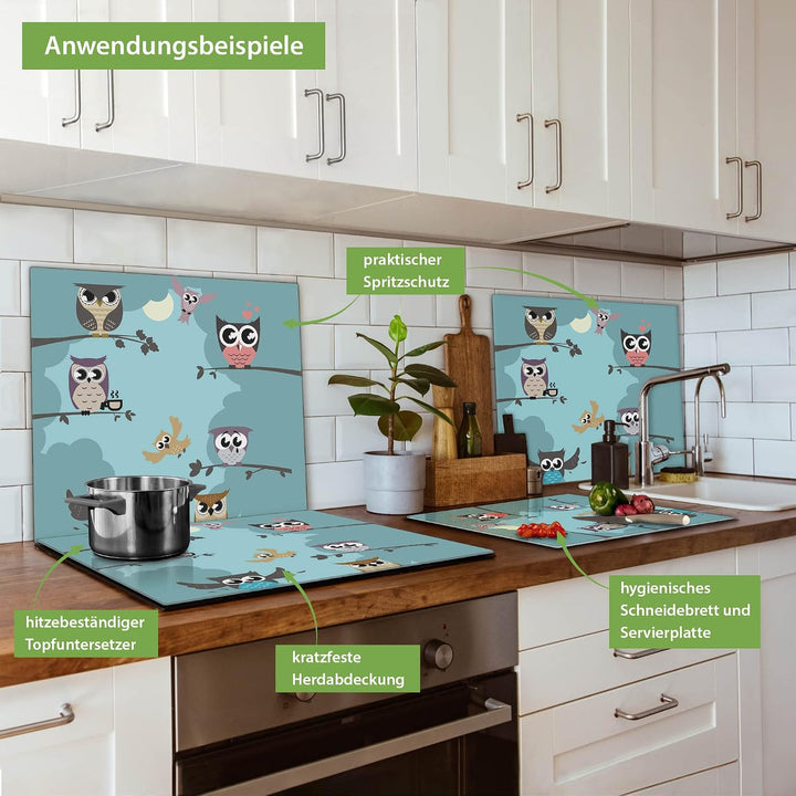 banjado® Herdabdeckplatte Glas 1-teilig 60x52 cm/Schneidebrett Herdabdeckung mit Motiv Acht Eulen/He