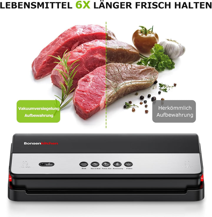 Bonsenkitchen Vakuumiergerät, für Trockene und Feuchte Lebensmittel Vakuumierer mit Eingebauter Cutt