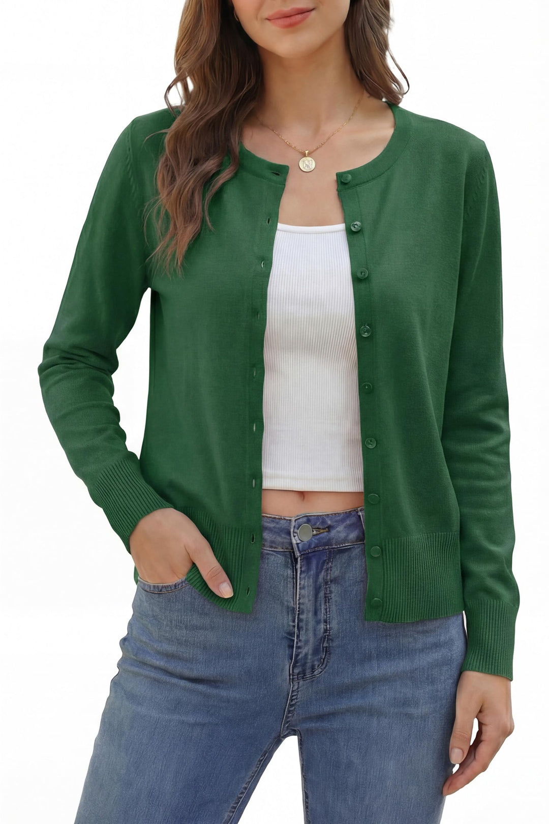 VOTEPRETTY Leichter Strickjacke Damen Cardigan Kurzarm/Langarm Sommer Solid Top Langarm L Grün, Lang