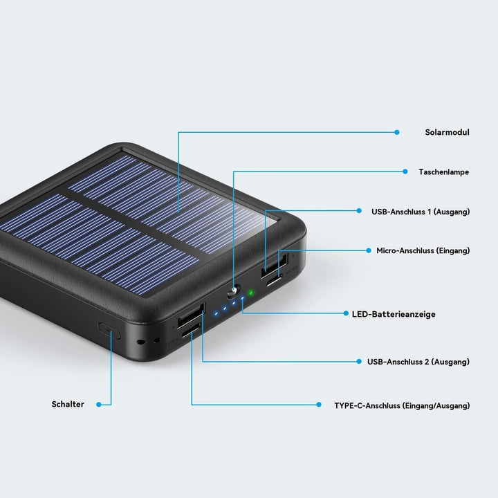 Mini Powerbank 15000mAh mit Solarpanel und integrierten Ladekabeln