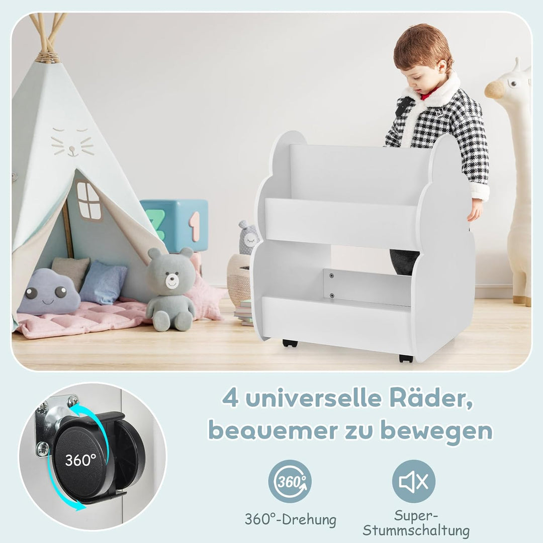COSTWAY Kinder Bücherregal auf Rollen, 2 Ebenen Spielzeugregal aus Holz, 52 x 47 x 63,5 cm (Weiss),