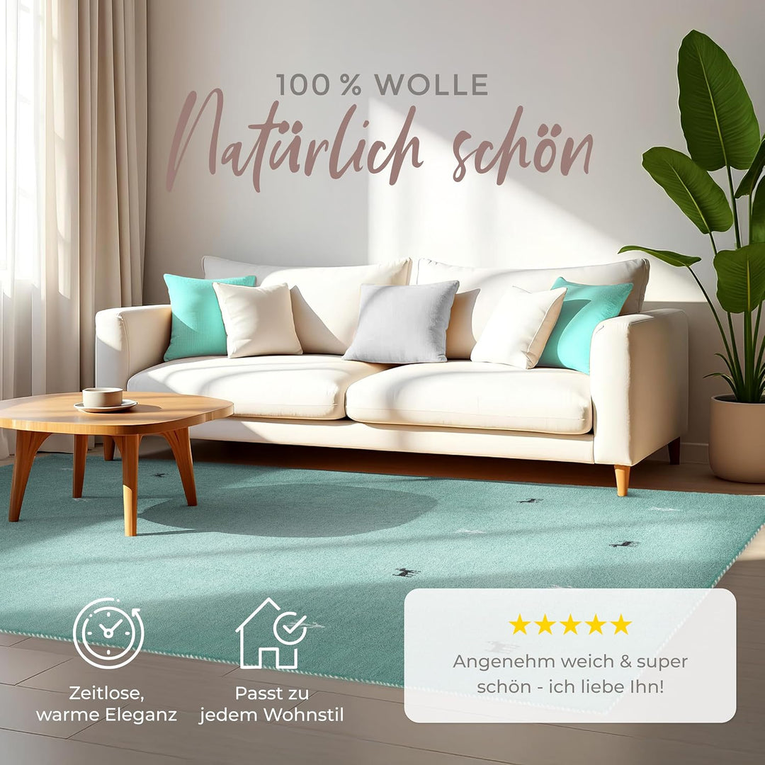 carpetfine Wollteppich Gabbeh Uni Türkis 60x90 cm | Moderner Teppich für Wohn- und Schlafzimmer 60x9