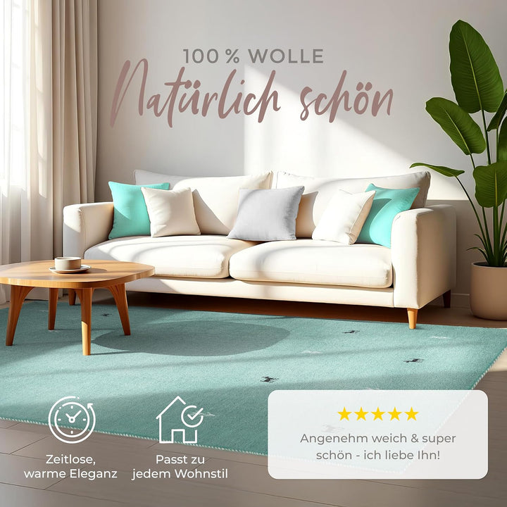 carpetfine Wollteppich Gabbeh Uni Türkis 60x90 cm | Moderner Teppich für Wohn- und Schlafzimmer 60x9