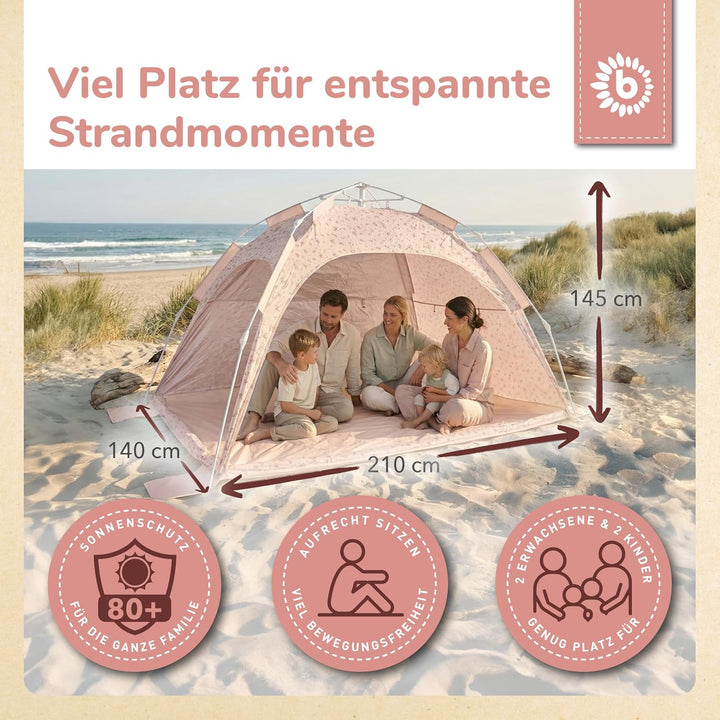 Bieco Strandmuschel Pop Up XXL – Quick-Up Strandzelt Schnellaufbau mit UV Schutz 80+ – Sonnenschutz