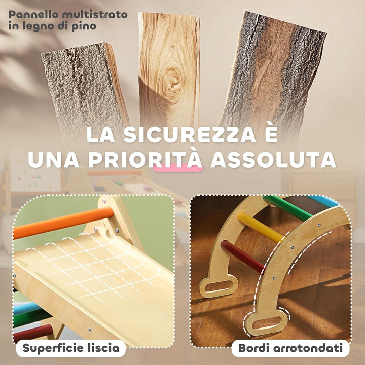 AIYAPLAY 5-in-1 Montessori Klettergerüst Indoor Holz Kletterdreieck mit Kletterbogen, Rutsche Indoor