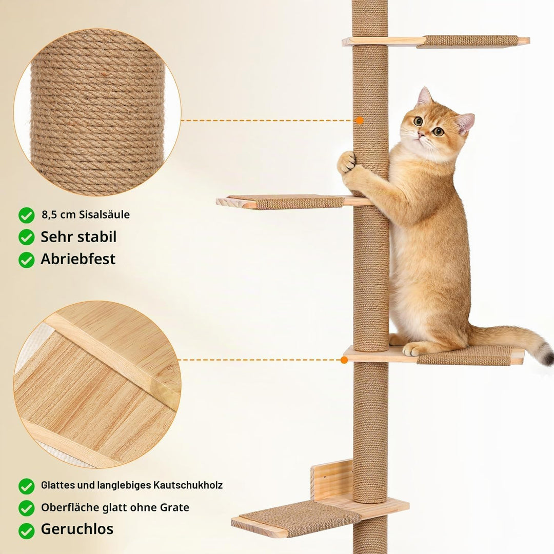 Kratzbaum Gross 205cm Kletterwand Katzen, höhenverstellbar, 5 Etagen Katzenturm mit Sisalauflage aus