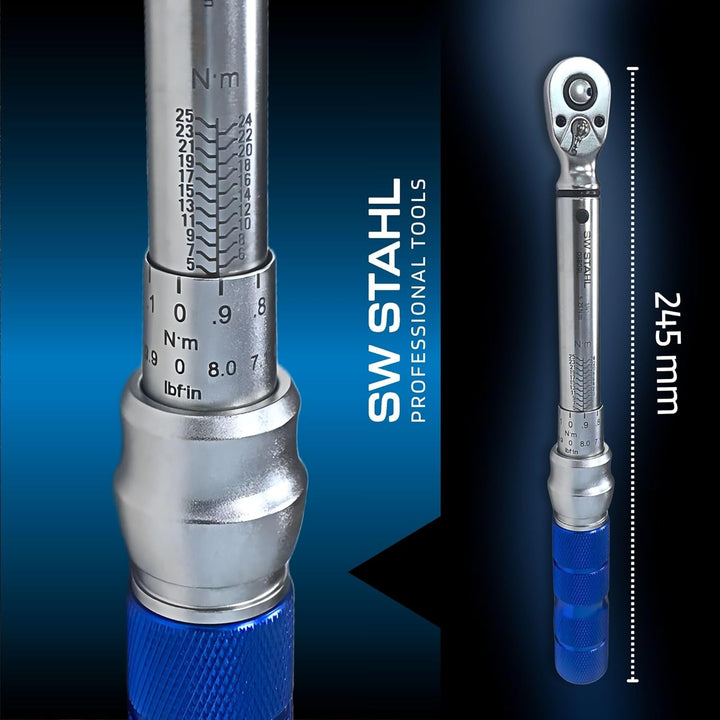 SW-Stahl 03809L Profi Drehmomentschlüssel 1/4 Zoll 5-25 Nm I Rechts-und Linksanzug I Doppelskala FT-
