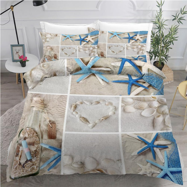 ROUSKI Bettwäsche Maritim 135x200 cm 2teilig 100% Leicht Mikrofaser Kinderbettwäsche Strand Seestern