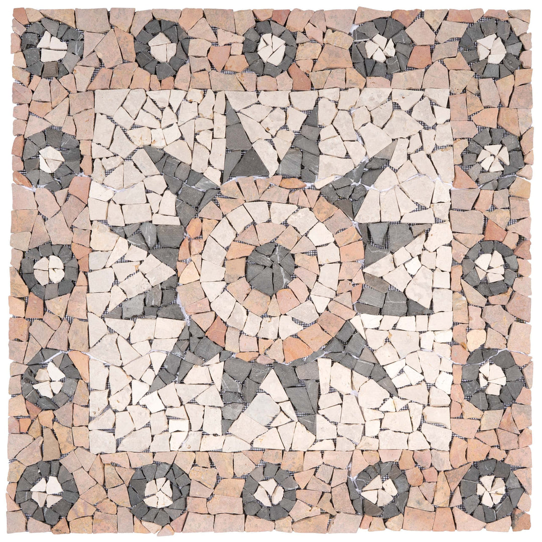 DIVERO Fliesen Rosone Blume Naturstein Mosaik Marmor dekorativ creme-grau- rosé 90 x 90 cm Bodenflie
