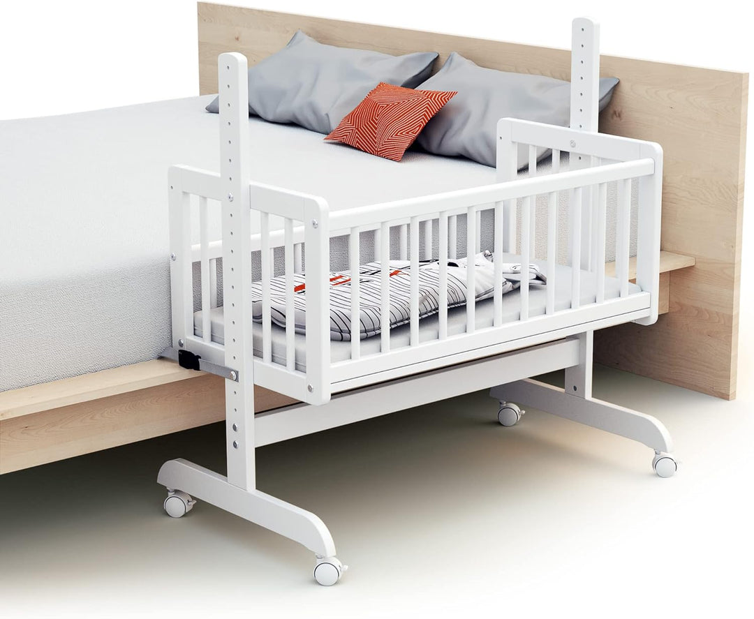 AT4 - Wiege Babybett Beistellbett Holz mit Matratze Essentiel Weiss | 5 in 1 Wiege |MassivHolz | Höh