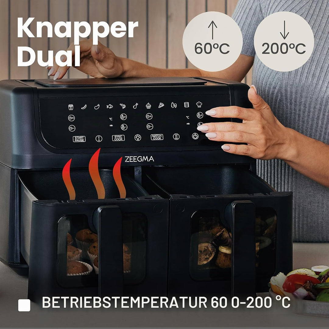 ZEEGMA KNAPPER DUAL Heissluftfritteuse 1700 W, 2 Fächer, 9 L Fassungsvermögen, Timer bis zu 60 Min.,