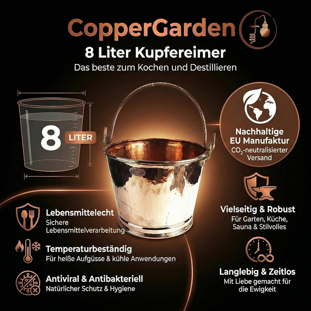 CopperGarden 8 Liter Kupfereimer | Stilvoller Eimer aus reinem Kupfer | Antibakteriell = wirkt gegen
