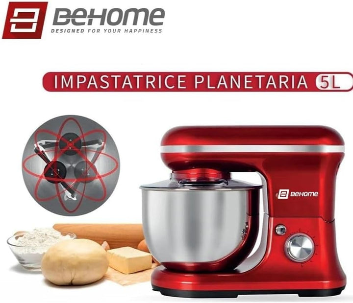 BEHOME Professionelle Knetmaschine, 1200 W, 5 l, 6 einstellbare Geschwindigkeiten, Pulse-Funktion, S
