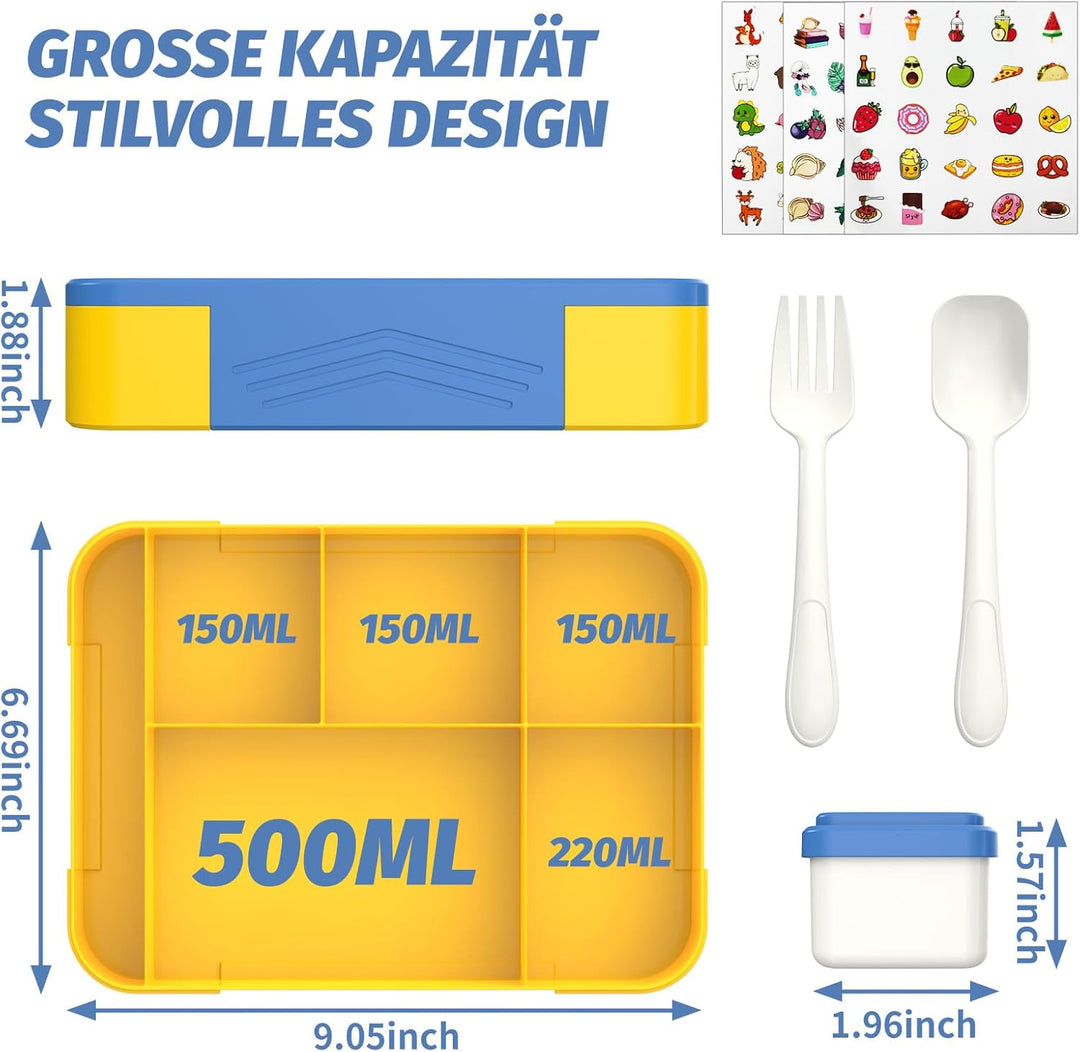 Brotdose Kinder mit Fächern 1300ml, Lunchbox für Kinder, Bento Box mit 5 Fächern Besteckset, auslauf