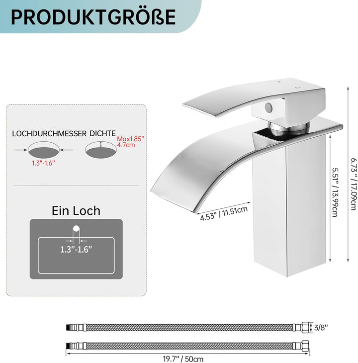 Fransiton Wasserhahn Bad, Wasserfall Waschtischarmatur mit Auslauf Höhe 60MM, Einhebelmischer für Ka