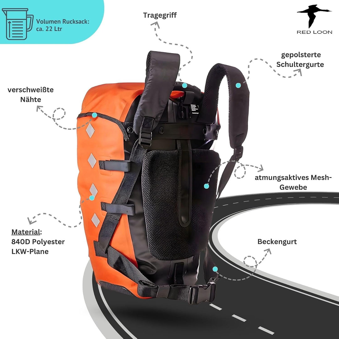 Red Loon wasserdichter Fahrrad Rucksack Fahrradrucksack 22L Pro orange/schwarz - Rolltop Backpack mi