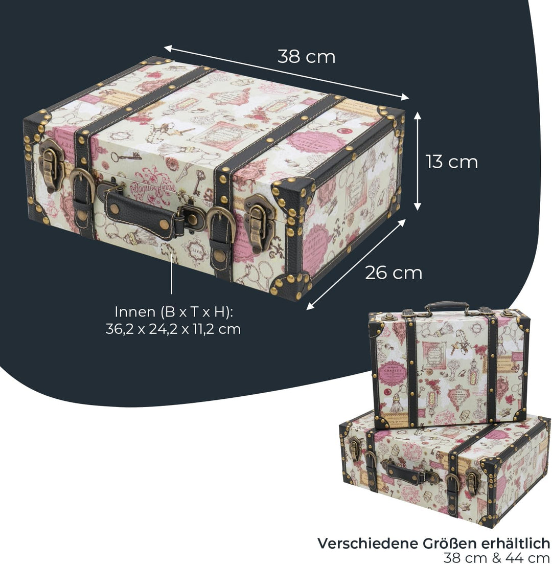 HMF Vintage Deko Koffer aus Holz, Aufbewahrungsbox mit Deckel und Ledergriff, stilvolle Aufbewahrung
