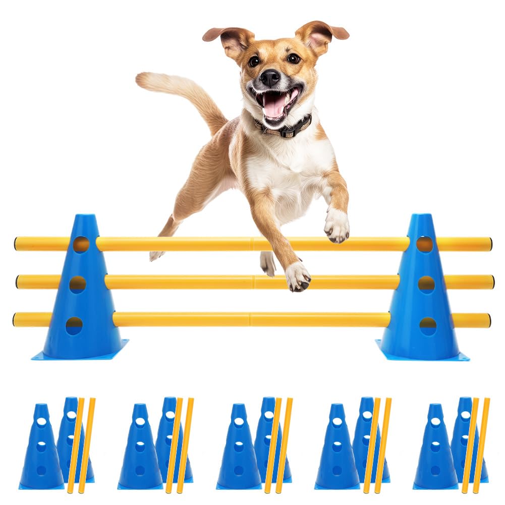 Agility Set Hunde Klein Cavaletti Hunde Steckhürdenset, Sports Steckhürdenset 10 Kegel + 5 Stangen,