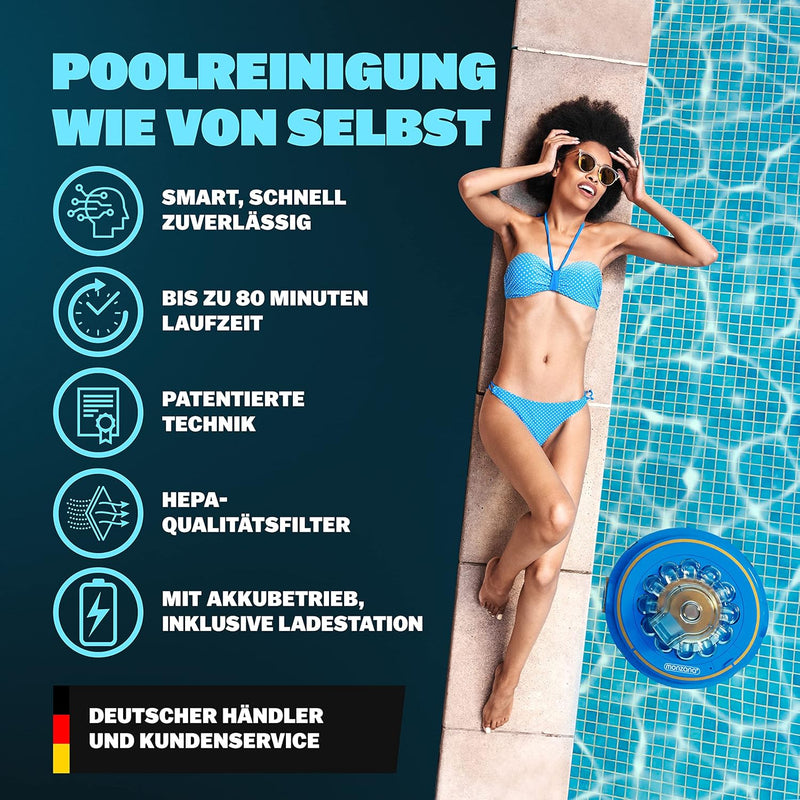 Monzana® Poolroboter Poolboy600 Kabellos Vollautomatisch 80 Min Akku 5200mAh Li-Ion 80m² Pool Bodens