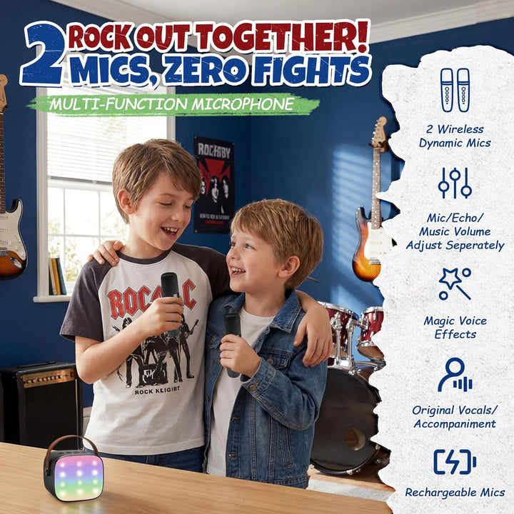 YLL Mini-Karaoke-Maschine für Kinder, tragbarer Bluetooth-Lautsprecher mit 2 kabellosen Mikrofonen,