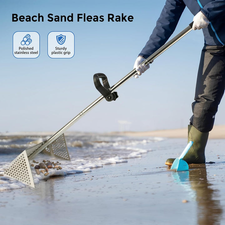 Strandrechen, Sandflohharke, Sandsieb aus Edelstahl mit Breitem Trapezkorb, Sandrechen für Strand, A