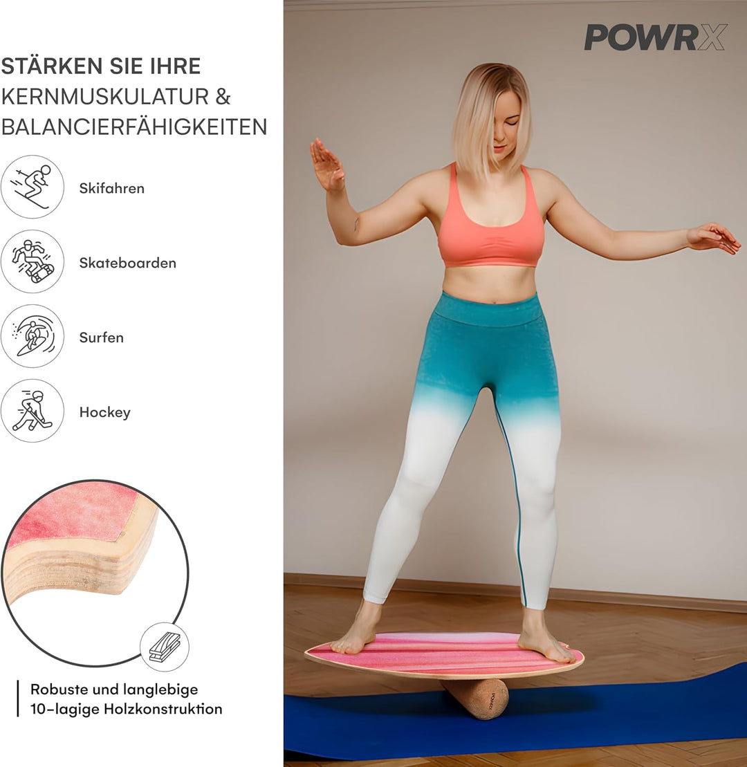 POWRX Surf Balance Board Holz/Balance Skateboard inkl. Rolle | Koordinationstraining für Surfbrett,